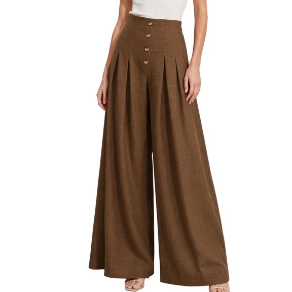 Ruohan Women's High Waist Button Pleated Wide Leg Pants Flowy Casual Trousers