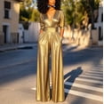 thumbnail image 1 of Ruohan Women's Metallic V-Neck Wide Leg Jumpsuit Party Romper, 1 of 7