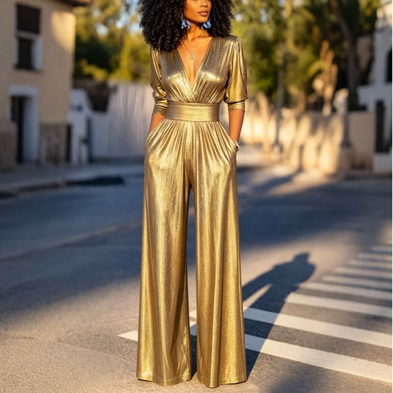 Ruohan Women's Metallic V-Neck Wide Leg Jumpsuit Party Romper