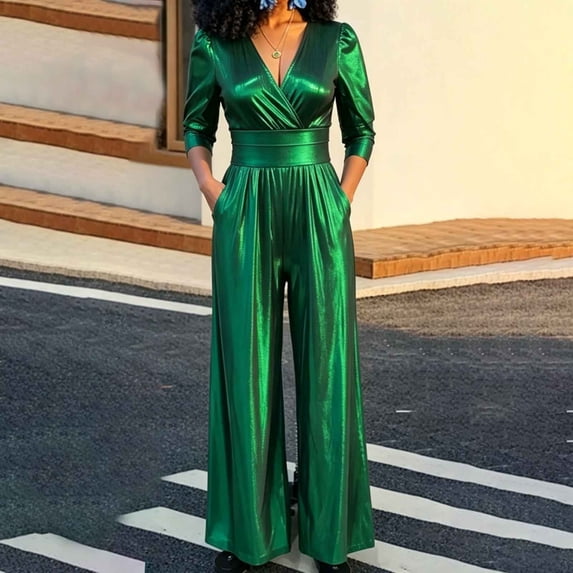 Ruohan Women's Metallic V-Neck Wide Leg Jumpsuit Party Romper