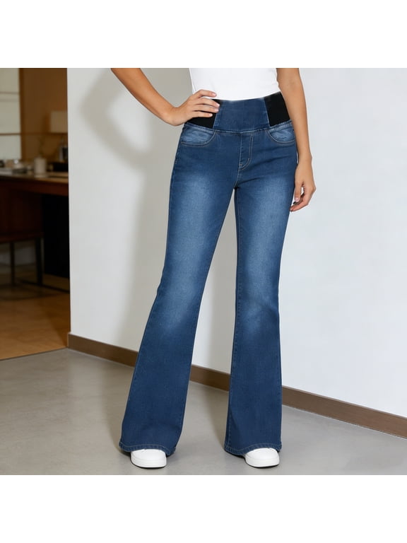 Women's Washed Flared Jeans Elastic Waist Slim Fit Stretch Bell Bottom Denim Pants with Pockets