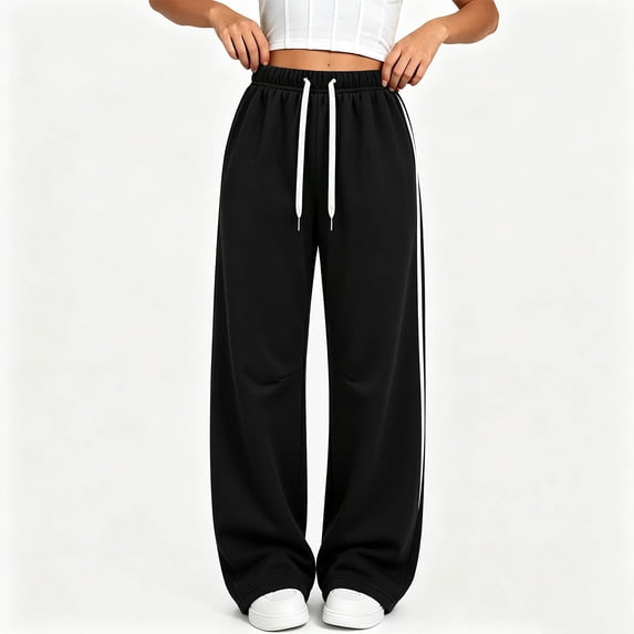 Ruohan Women's Wide Leg Sweatpants, High Waist Drawstring Track Pants with Pockets, Side Stripe