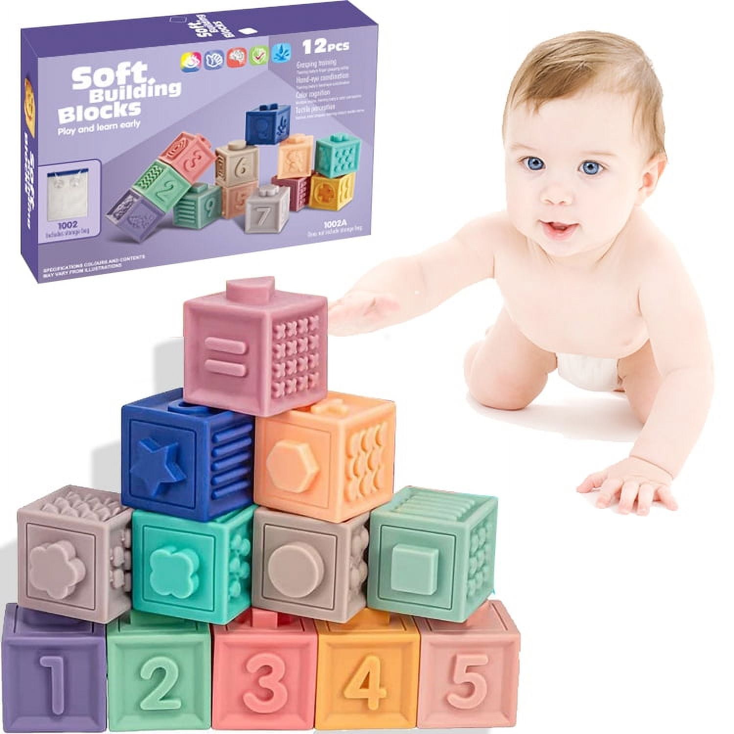 Ruohey 12 PCS Baby Blocks Toys，Soft Baby Teethers Toy with