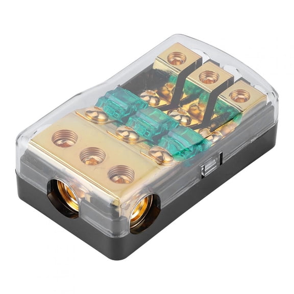 Rupoun 0/2/4 Gauge In to 4/8/10 Gauge Out 60A 3 Way Mini ANL Fuse Holder Distribution Block for Auto Car Audio System, Gold Copper Material