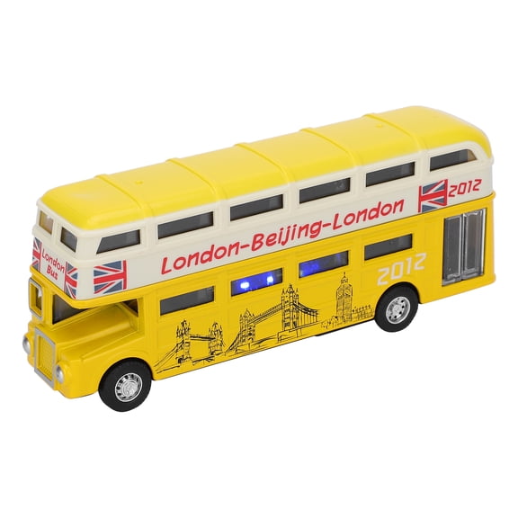 Rupoun 1:90 Scale Double Layer Bus Toy Simulation Alloy Pull Back Car Toy with Light and Music for Kids Boys Girls, Educational Interactive Play Vehicle Model with 3 Batteries Included, Yellow