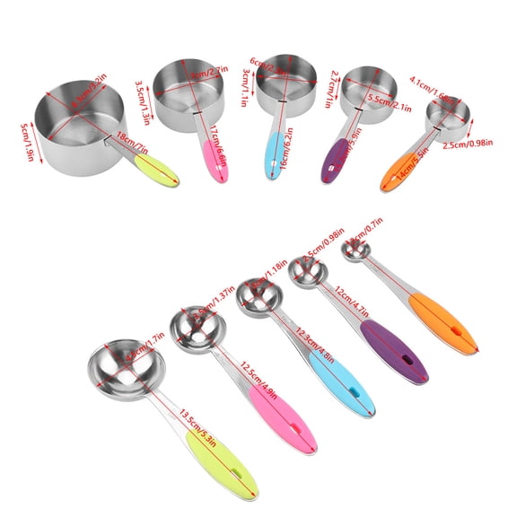 Rupoun 10pcs Measuring Cups and Spoons Set, Professional Stainless Steel Kitchen Baking Tools with Rainbow Silicone Handles, Precise 10-Piece Set (500g / 17.6 oz)
