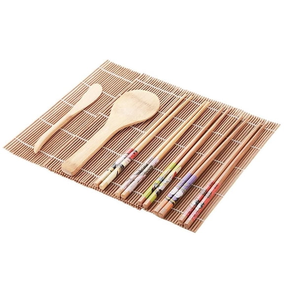 Rupoun 13-Piece Natural Bamboo Sushi Making Kit DIY Home Sushi Rolling Mat with Chopsticks Rice Paddle Blade Spreader Set for Beginners (10.6 inches / 27 cm)