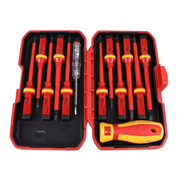 Rupoun 13 Piece Premium Insulated Screwdriver Set, Professional Electrician Magnetic Tool Kit with Voltage Tester, Slotted, Phillips, Pentalobe, PZ Bits for Home Repair, 1000V Safe, Red and Yellow