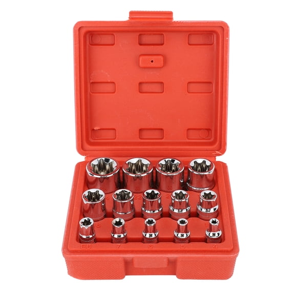 Rupoun 14Pcs E Star Socket Set Chrome Vanadium Steel Portable External Star Socket Set for Automotive Repair and Maintenance with Red Storage Box (5.9 inches / 15 cm)