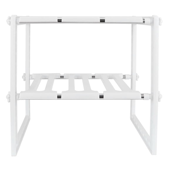 Rupoun 2-Tier Expandable Under Sink Rack Organizer, Adjustable 15-27.6 inches / 38-70 cm Telescopic Kitchen Storage Shelf for Bathroom Cabinet and Countertop Organization, White