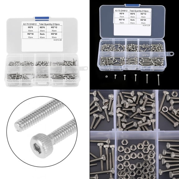 Rupoun 210 Pcs M2 Cup Head Hex Socket Bolt and Nut Assortment Kit 304 Stainless Steel Metric Fastener Hardware Sets with Storage Box for Industrial Repair