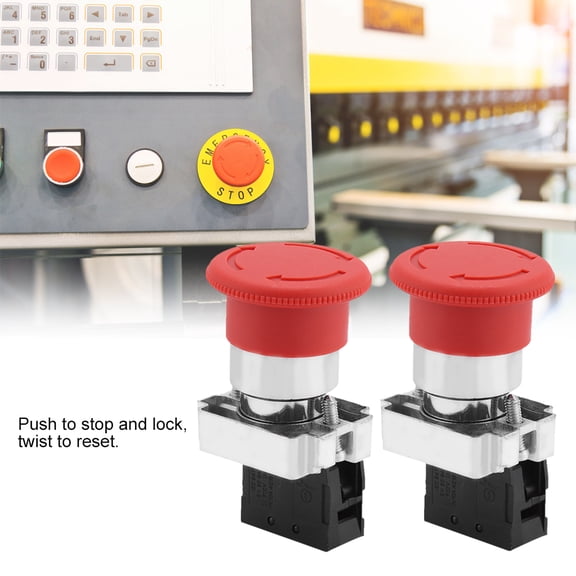 Rupoun 2PCS Red Sign Emergency Stop Switch Button 22MM XB5 (0.9 inch) Industrial Mushroom Push Button Momentary/Locking Switch 240V 10A for Control Circuits