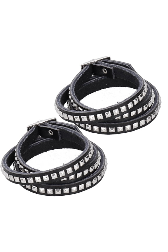 2pcs Adjustable Rivet Faux Leather Bracelet Set, Multilayer Punk Wrist Wrap Bangle with Metal Studs, Stylish Unisex Wristband Decoration for Parties and Dates (10 inches / 25.4 cm)