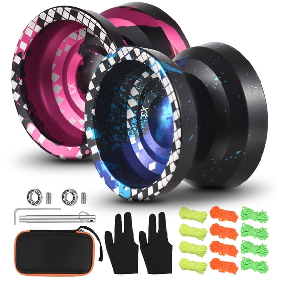Rupoun 2pcs Professional Aluminum Alloy Yoyo Ball Responsive & Unresponsive Bearing Yo-Yos Set for Beginners to Professionals, Black/Pink and Black/Blue (5.51 inches / 14 cm)