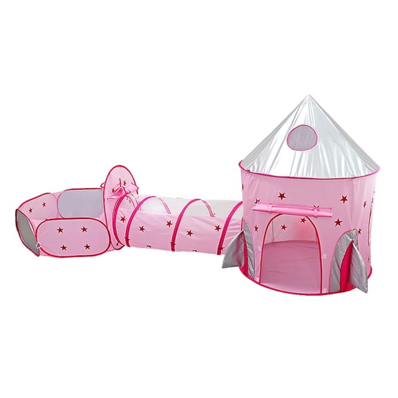 Rupoun 3 in 1 Kids Play Tent Crawl Tunnel and Ball Pit with Basketball Hoop Rocket Space Tent for Kids Boys Girls Toddlers Indoor Outdoor Pink 19.68 inches / 50 cm
