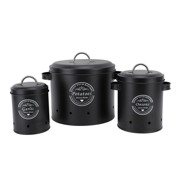 Rupoun 3-Pack Carbon Steel Potato Onion Garlic Storage Bins – Durable, Sealed, Eco-Friendly Kitchen Canisters