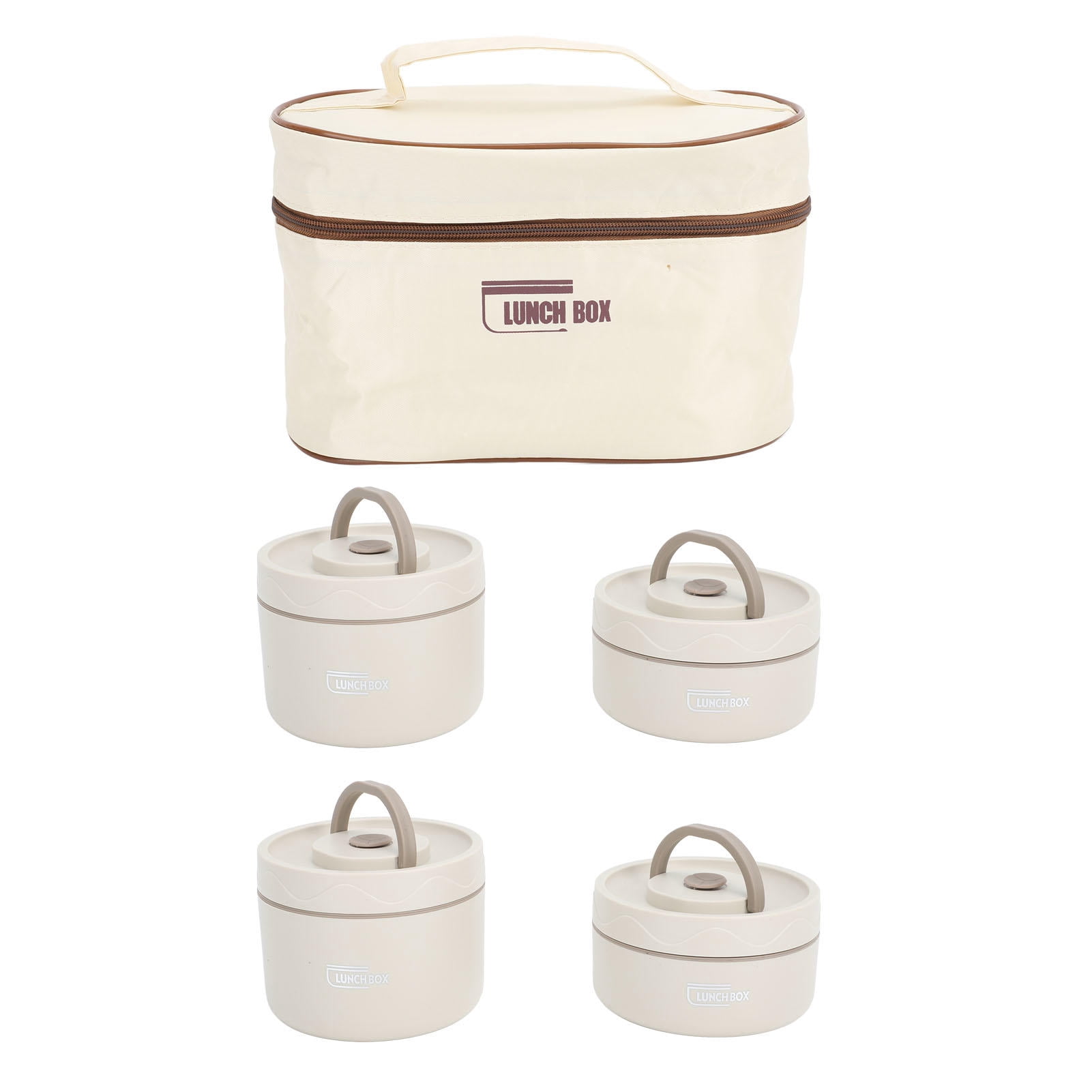 Rupoun 304 Stainless Steel Insulated Lunch Box – Round Thermal Bento with Sealed Lid, 4 Compartments, Lightweight & Portable, Beige, 4‑Piece Set