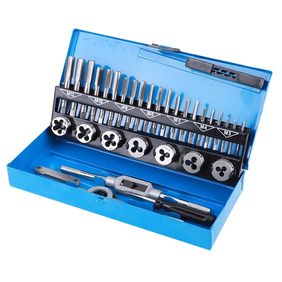Rupoun 32Pcs/Set Threaded Tap and Die Set Rethread Tool Kit with Storage Box, Bearing Steel M3-M12 Metric Taps, 11.02 inches / 28 cm Hardware Supplies for Maintenance