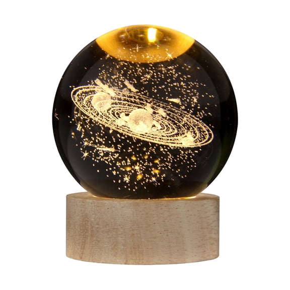 Rupoun 3D Crystal Ball Night Light with Warm Glowing Wooden Base, Ringed Solar System Desktop Ornament, 3.15 inches / 8 cm