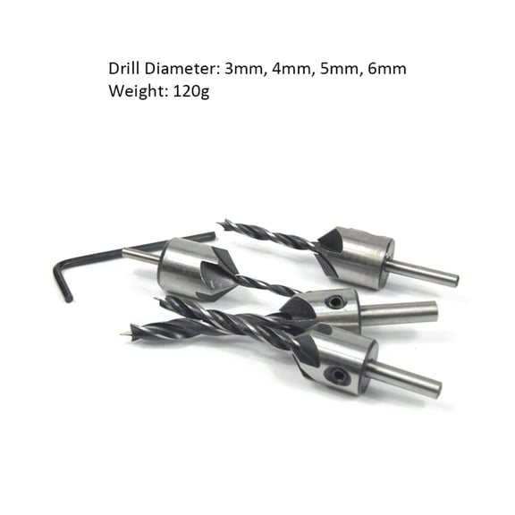 Rupoun 4-Piece Titanium-Coated HSS Countersink Drill Bit Set, 5-Flute Woodworking Chamfer Tool with Adjustable Depth & Hex Wrench, 3mm-6mm (0.12-0.24 inches)