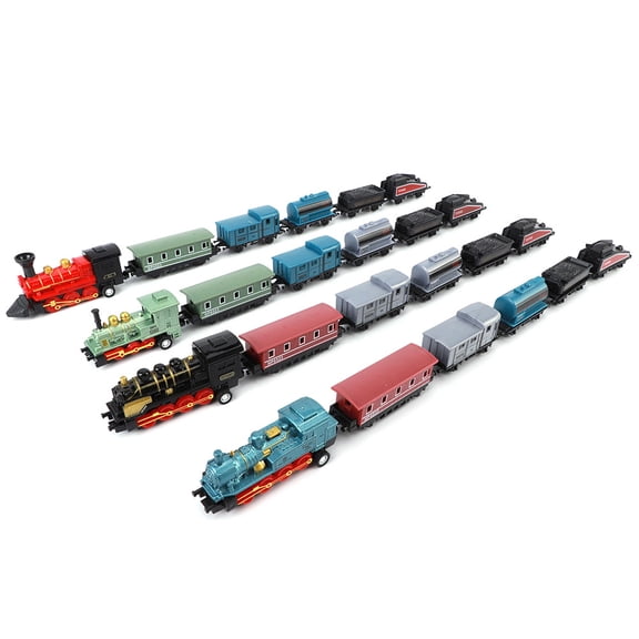 Rupoun 4 Sets Mini Pull Back Steam Train Toy Assorted Styles Kids Educational Vehicle Model Kit With Detailed Carriages For Birthday Christmas Gifts Party Favors