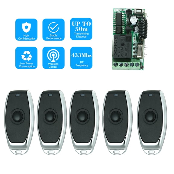 Rupoun 433Mhz DC 12V Universal RF Remote Control Switch Relay Receiver Module Mini 1CH Wireless Control Switch with 5 Transmitters