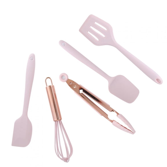 Rupoun 5-Piece Silicone Kitchen Utensil Set, Mini Baking Spatula, Scraper, Egg Beater, Non-Stick Cooking Tools for Kids and Home, Pink