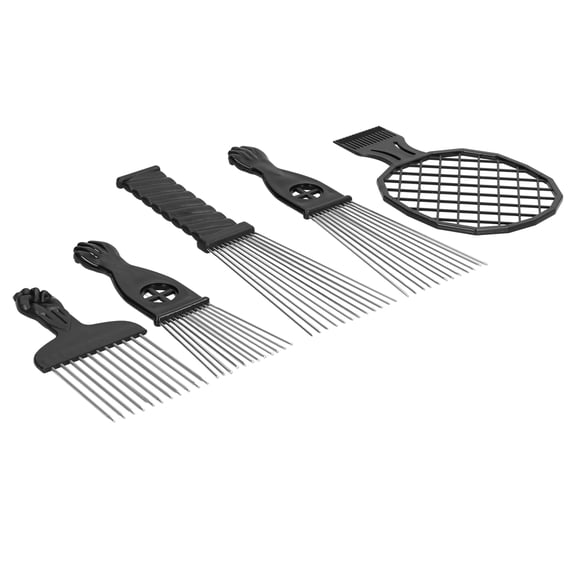 Rupoun 5-Piece Stainless Steel Afro Pick Comb and Twist Comb Set, Professional Hair Styling Tool for Thick and Curly Hair, 10.24 inches / 26 cm, Black