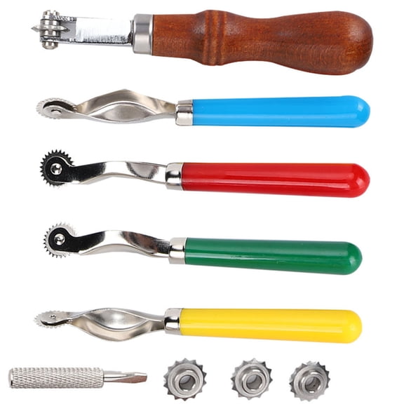 Rupoun 5Pcs Leather OverStitch Marking Wheel Handcrafted Scribe Point Make Tool Sewing Spacer Tracing Roulette Set with Wooden Handle for Leathercraft Art DIY Luggage Accessories
