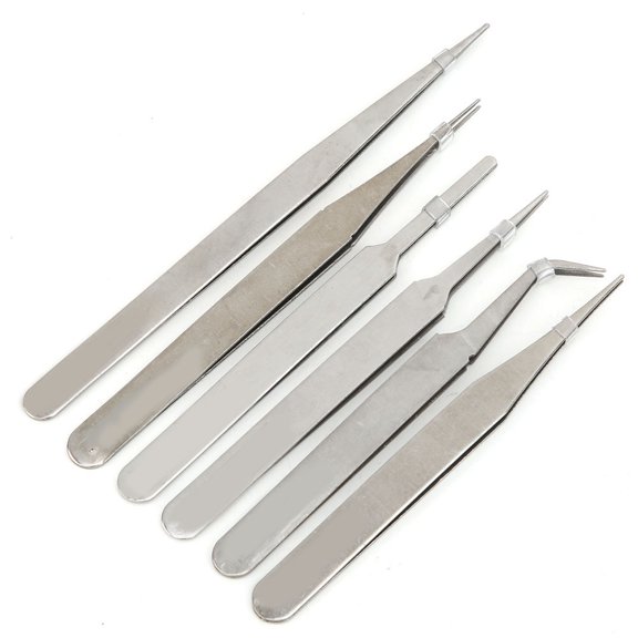 Rupoun 6pcs Stainless Steel Anti Static Tweezers Set Electronics PCB Repair Tool Fine Tip ESD Bent Tweezers Hobby Craft Bead Jewelry Making Tool (6 inches / 15.24 cm)