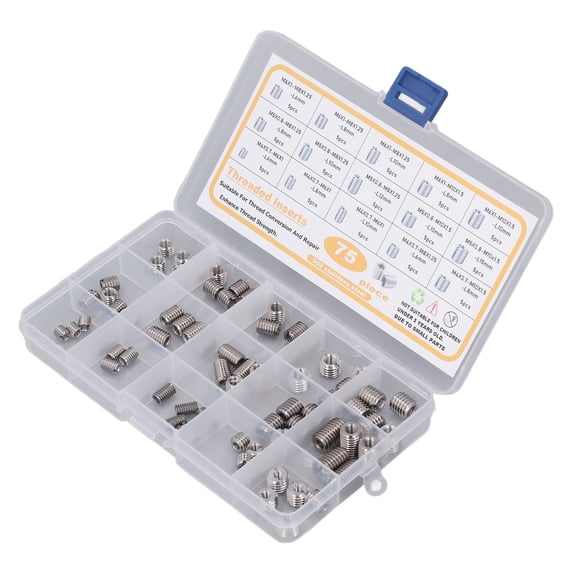 Rupoun 75Pcs Stainless Steel Threaded Inserts Nuts Assortment Tool Kit for Thread Repair, 303 Stainless Steel, M4 M5 M6 Thread Repair Inserts, Silver