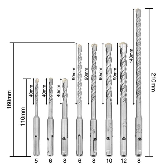 Rupoun 8-Piece SDS Plus Rotary Hammer Drill Bit Set, 2 Pits 2 Slots Shank for Concrete, Brick, and Stone, 4-Flute Design for Fast Dust Removal (8.27 in / 21 cm)
