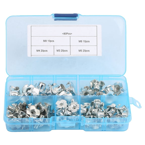 Rupoun 80pcs Carbon Steel T Nut Four Pronged M3 M4 M5 M6 M8 Tee Nuts Kits For Woodworking Furniture (5.12 inches / 13.00 cm)