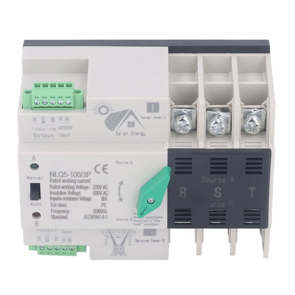Rupoun AC 220V Dual Power Automatic Transfer Switch 3P Millisecond Switching PV to Mains Mini Automatic Transfer Switch ATS 100A for Home Solar System Backup Power 100 Amp PC Level Silver Contacts