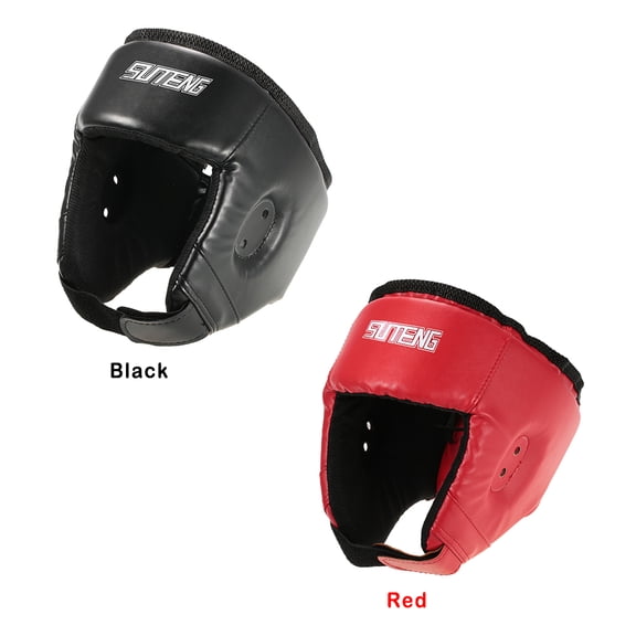 Rupoun Advanced Boxing Training Headgear Head Guard Martial Arts Kick Sparring Helmet Gear Face Protector with Adjustable Fit, PU Leather Shock Absorbent Shield, Solid Red One Size Fits Most Adults