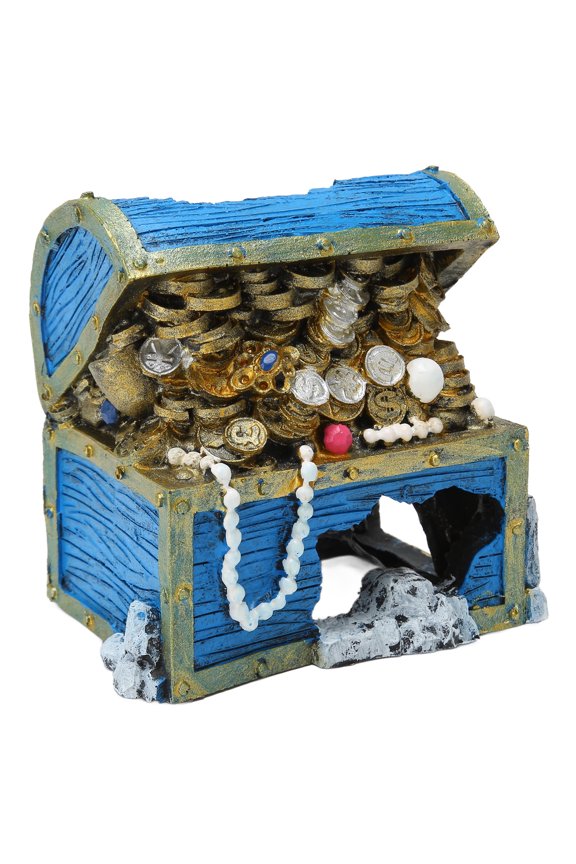 Aquarium Treasure Chest Ornament, Realistic Resin Hideaway Box for Fish Tank Landscape Decoration, Vintage Blue Underwater Scenery Enhancer for Small to Medium Aquariums (5.12 inches / 13 cm)
