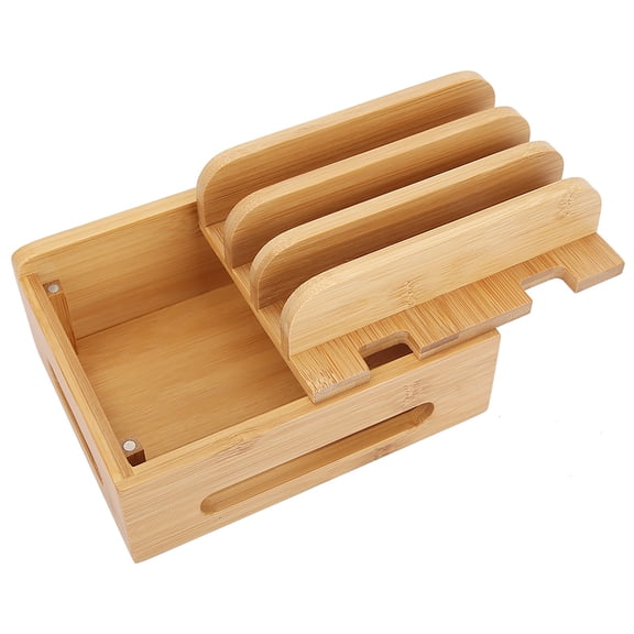 Rupoun Bamboo Multidevice Stand Holder Charging Station For Multiple Devices Phone Tablet Cord Organizer Wooden Desktop Cable Management System 7.87 inches / 20 cm Natural Wood Grain