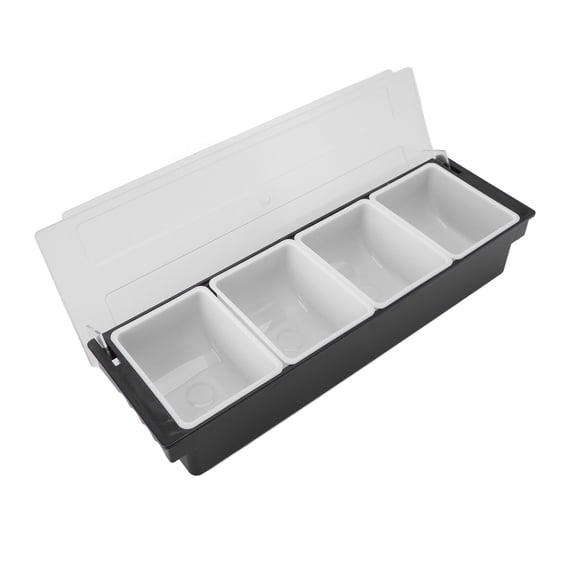 Rupoun Black 4 Compartment Condiment Caddy with Transparent Lid, Heavy Duty Fruit Tray Organizer for Bars, Restaurants and Milk Tea Shops (20.1x6.3x4.3 inches / 51x16x11 cm)