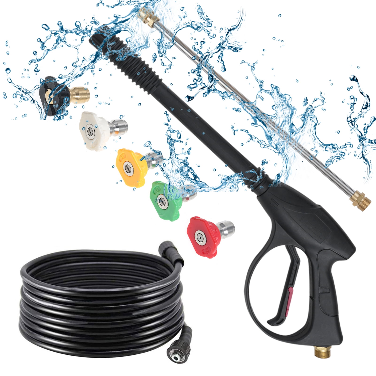 Rupoun Black Pressure Washer Gun Set Maximum 40MPa 5800PSI with 26 Inch / 66.0 cm Extension Wand, M22 Hose Kits, 1/4 Inch Quick Connect, and 5 Color Nozzle Tips for Car Washing and Cleaning