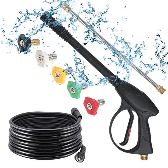 Rupoun Black Pressure Washer Gun Set Maximum 40MPa 5800PSI with 26 Inch / 66.0 cm Extension Wand, M22 Hose Kits, 1/4 Inch Quick Connect, and 5 Color Nozzle Tips for Car Washing and Cleaning