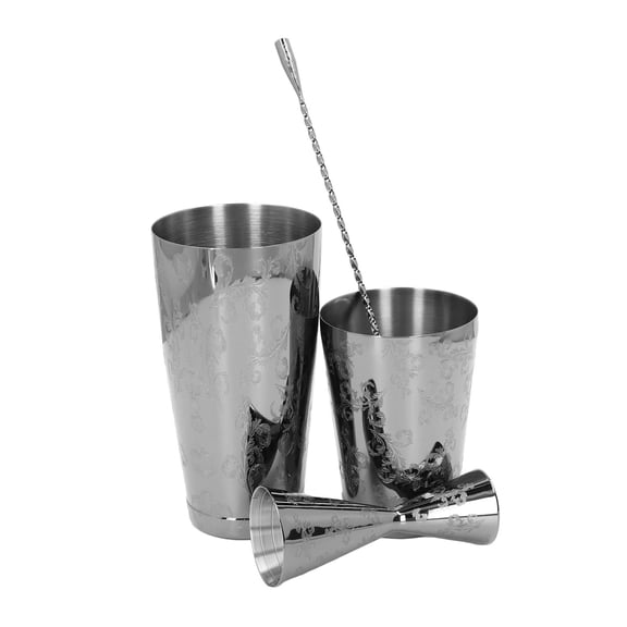 Rupoun Boston Cocktail Shaker Set Multifunctional 304 Stainless Steel Vintage Print Strainer Jigger Bar Kit (26.8 oz / 760 g) - Set 2