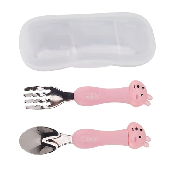Rupoun Cartoon Rabbit Fork & Spoon Set – 304 Stainless Steel, Ergonomic Handle, Safe & Fun for Kids, Portable Feeding Training Cutlery