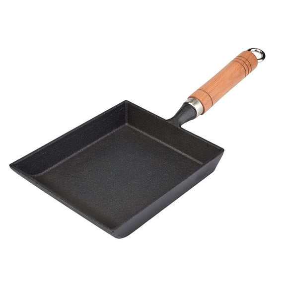 Rupoun Cast Iron Tamagoyaki Pot, Japanese Style Nonstick Egg Pan for Omelette & Pancakes, Wooden Handle Square Frying Pan, Compatible with Gas & Induction Cooktops, Black, 14.6 inches / 37 cm