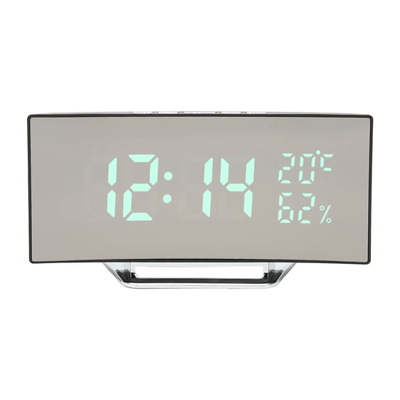 Rupoun Digital Alarm Clock Curved Screen LED Desk Clock Smart Light Sensor Temperature Humidity Display Mirror Surface Green Light Tabletop Dormitory Use (6.69 inches / 17.0 cm)
