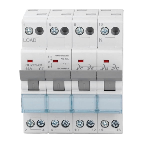 Rupoun Dual Power Manual Transfer Isolating Switch 4P 63A DIN Rail Backup Power Changeover Switch Interlock Circuit Breaker 400V Electrical Switch for Home Improvement and Industrial Use