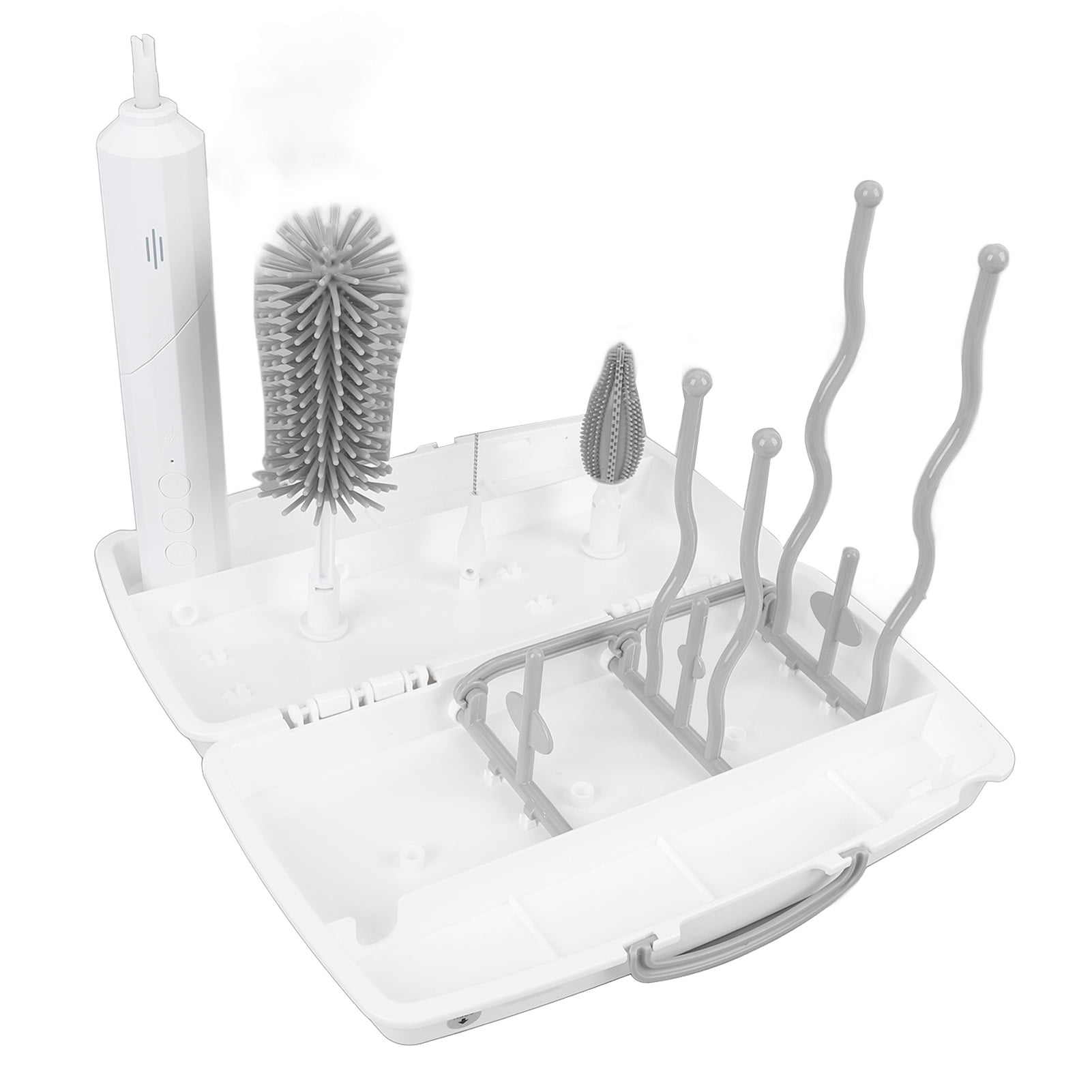 Rupoun Electric Bottle Brush Set, 3 Speeds, 2 Replaceable Heads, Rechargeable Cleaning Brush with Drying Rack, White, 9.84 inches / 25 cm