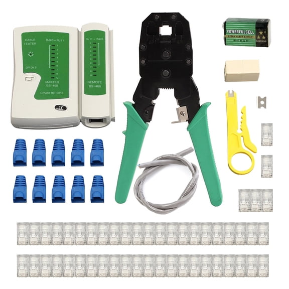Rupoun Ethernet LAN Network Crimping Tool Kit, RJ45 RJ11 Wire Stripper Cutter with Cable Tester and 49 Modular Plugs, 63-Piece Magnetic Steel Hand Tool Crimper Set for 4/6/8 Poles