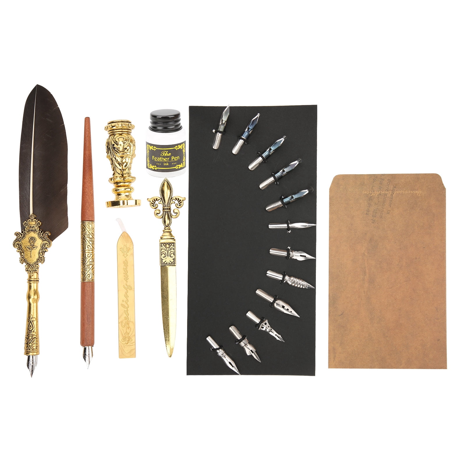 Rupoun Feather Pen Set Retro British Creativity Writing Suit Dip Pencil Calligraphy Kit For Business Elder Teacher Gift With Replacement Nibs And Empty Ink Bottle Gray Feather Theme Edition