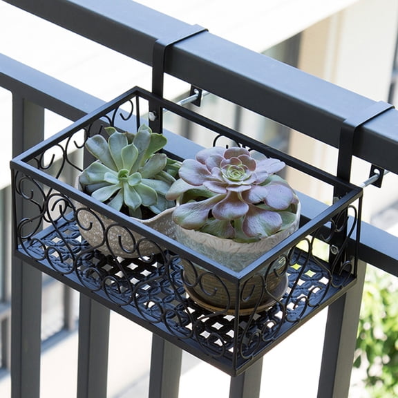 Rupoun Flower Pot Stand Rack Deck Rail Planter Shelf Fence Railing Flower Pots Holder Iron Balcony Hanging Shelf Space-Saving Design For Outdoor Garden Patio Small 11.81 Inches Length Black Finish