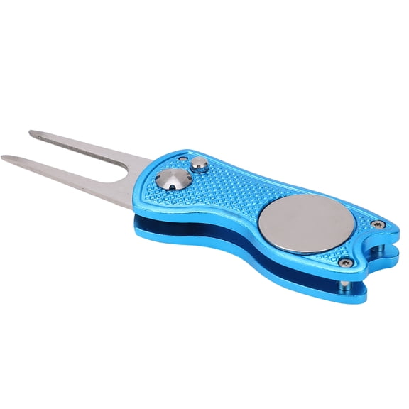 Rupoun Foldable Golf Divot Repair Tool, Stainless Steel Golf Pitchfork Metal Foldable Golf Divot Putting Green Fork Divot Repair Tool with Blue Magnetic Ball Marker Accessory (8.00 in / 20.3 cm)